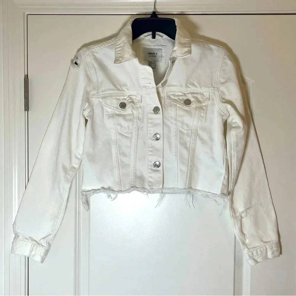 Forever 21 Distressed Ripped White Denim Jacket / Jean Jacket - Size S